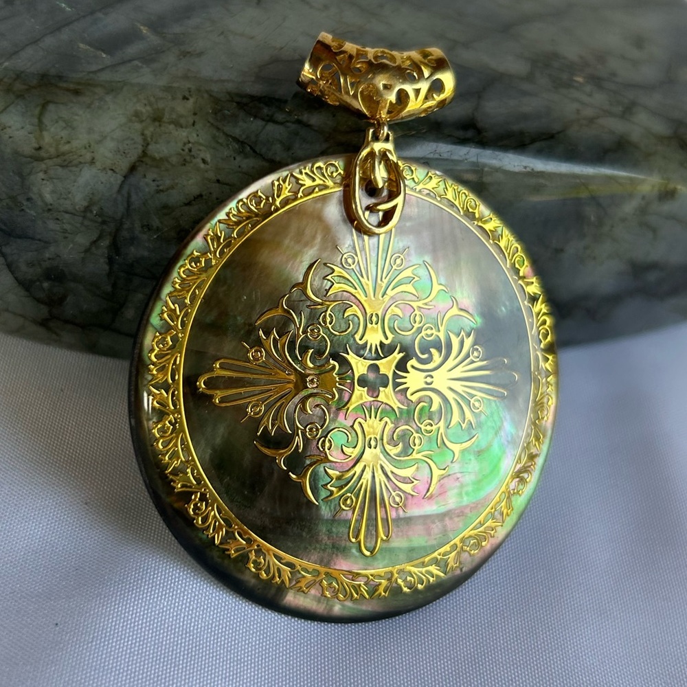 Large Sterling Silver and Gold Abalone Shell Ornate Pendant